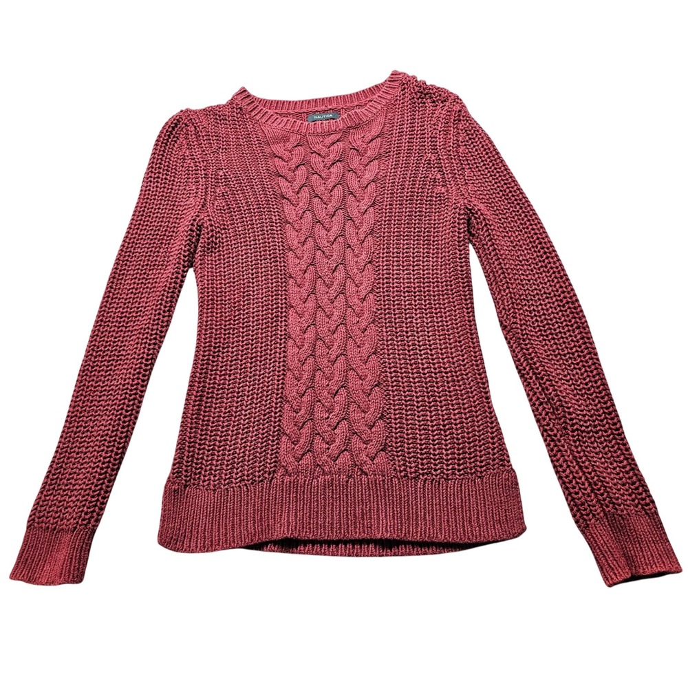Nautica Women Burgundy Cable Knit Crewneck Sweater Cotton Blend Preppy Size M